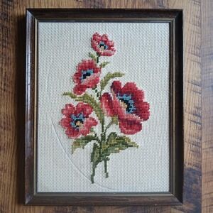 Vintage Bucilla Poppies Framed Needlepoint Red Pink Blue 15.5"x12.5" Retro